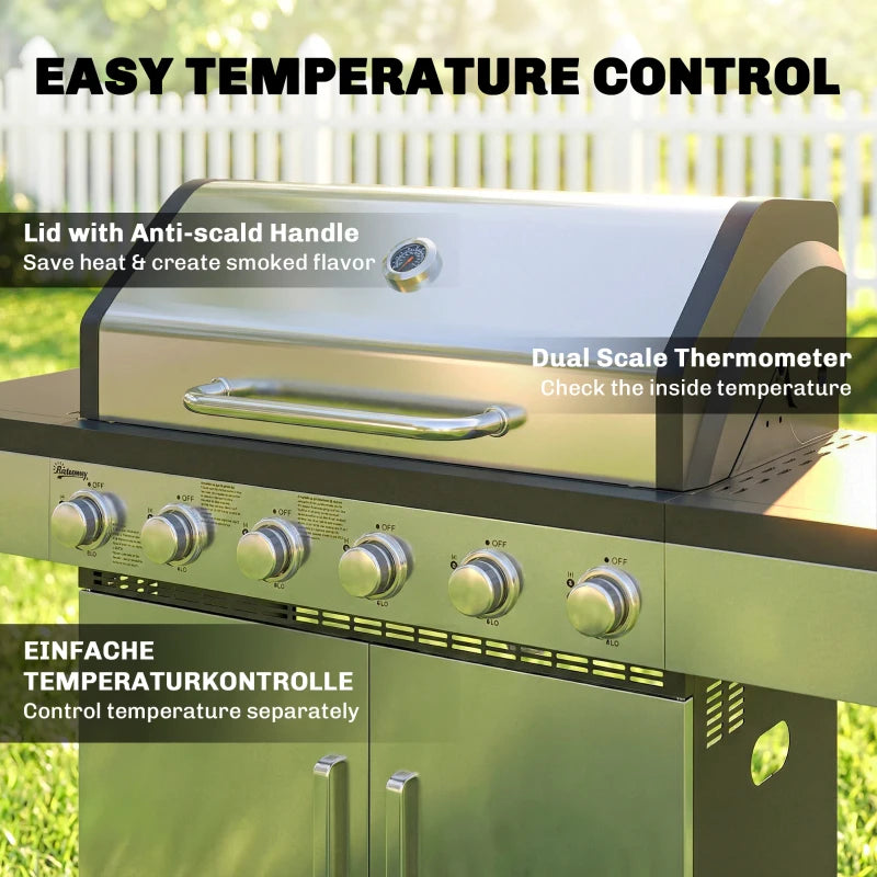 Silver BBQ grill lid with handle and dual-scale thermometer on the control panel