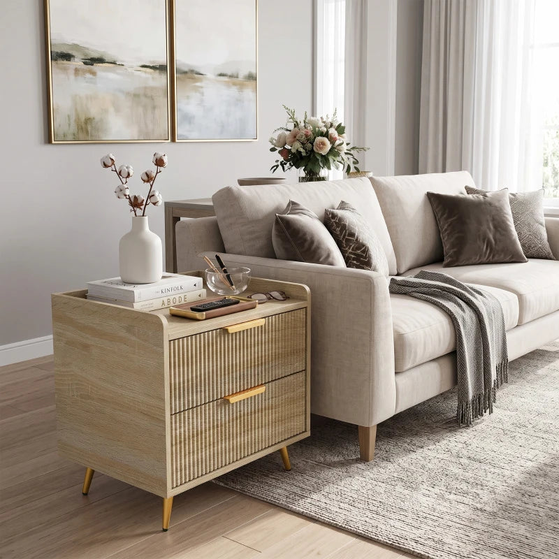 Natural wood end table with two drawers, rattan-style fronts, and gold metal legs