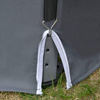 Grey gazebo tent corner strap with metal hook for attaching a sandbag to the base