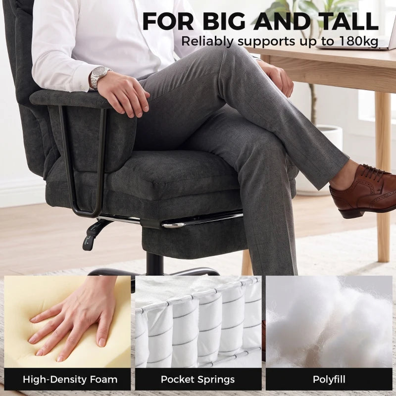 Black office chair with supportive backrest, padded armrests, and wide spring cushion