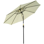 Beige tilting patio umbrella with 8-rib frame and crank handle, outdoor sun shade
