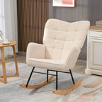 Beige wingback rocking chair with cushioned arms and curved wooden rockers