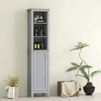 Grey tall slim cabinet with 3 open shelves and a louvered cupboard door, freestanding.