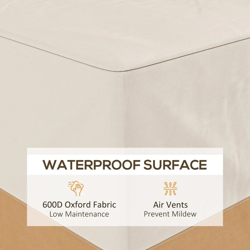 Beige waterproof-style cover with reinforced corner seam and smooth top surface.