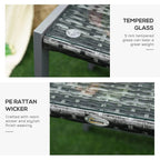 Close-up of grey rattan table corner with dark woven surface and tempered glass