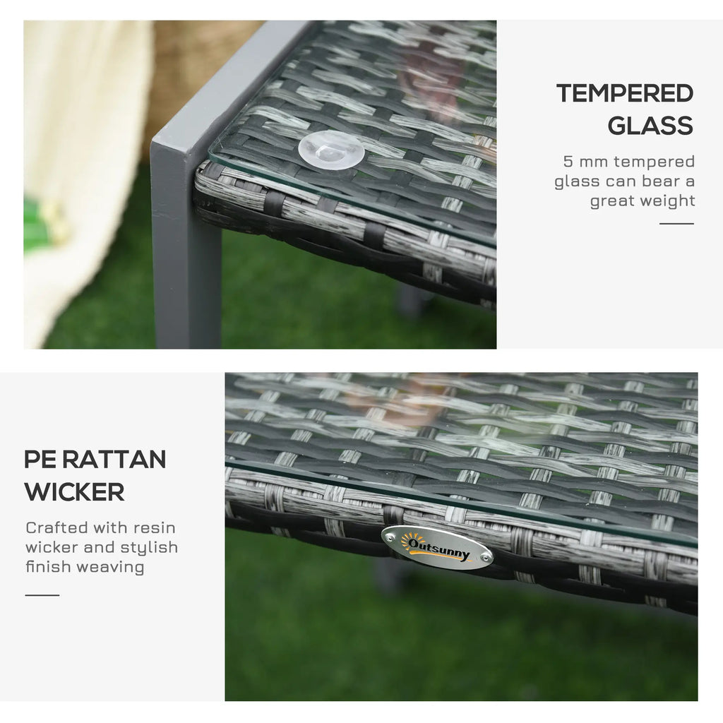 Grey rattan end table with tempered glass top and woven wicker detail