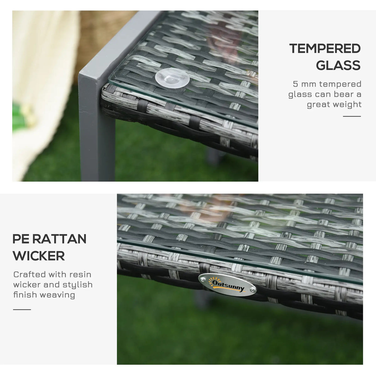 Grey rattan end table with tempered glass top and woven wicker detail