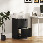 Black fluted filing cabinet with two locked stacked doors and drawers