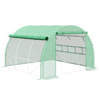 Green walk-in greenhouse tent with roll-up sidewalls and zippered door, front windows