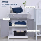 Bathroom storage cabinet with open shelves and two drawers, grey doors with silver knobs