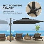 Grey cantilever parasol with open canopy on rotating pivot, side support pole.
