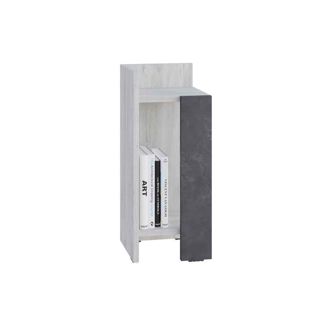 Narrow left bedside table module, white woodgrain with dark grey side panel