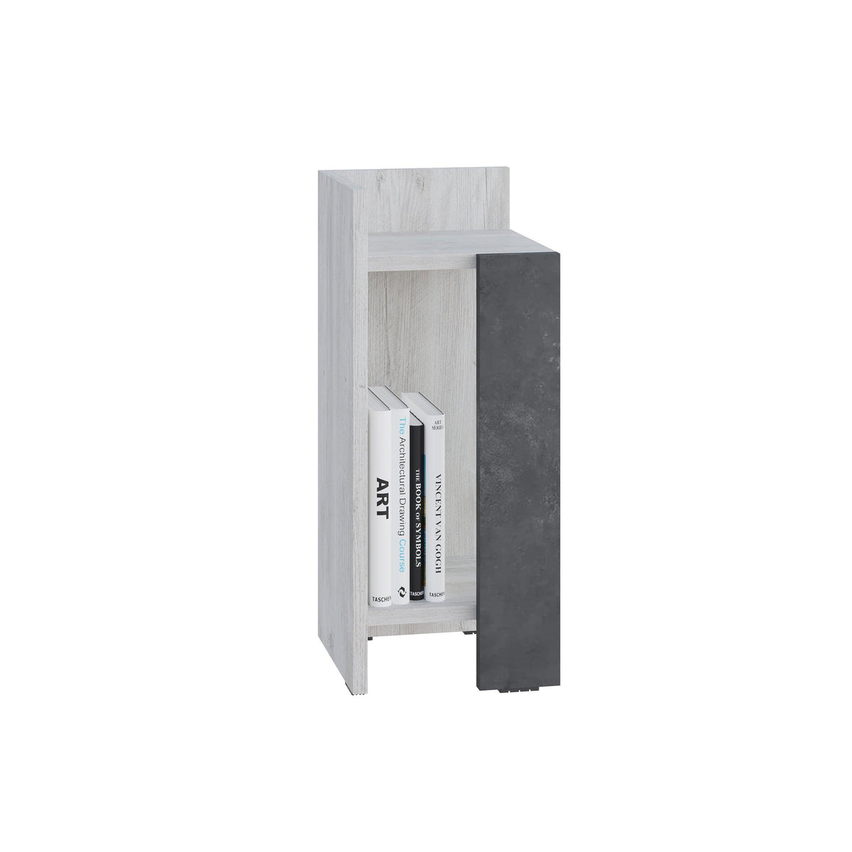 Narrow left bedside table module, white woodgrain with dark grey side panel