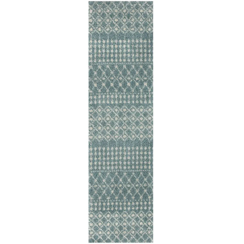 Moroccan duck egg blue shaggy rug sample strip with textured geometric pattern