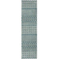 Moroccan duck egg blue shaggy rug sample strip with textured geometric pattern