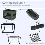 Grey pet carrier assembly diagram with folded frame, fabric cover, and steel tube parts