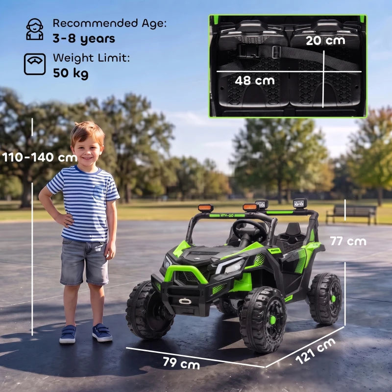 Green two-seat ride-on off-road truck parked outdoors with a child standing nearby