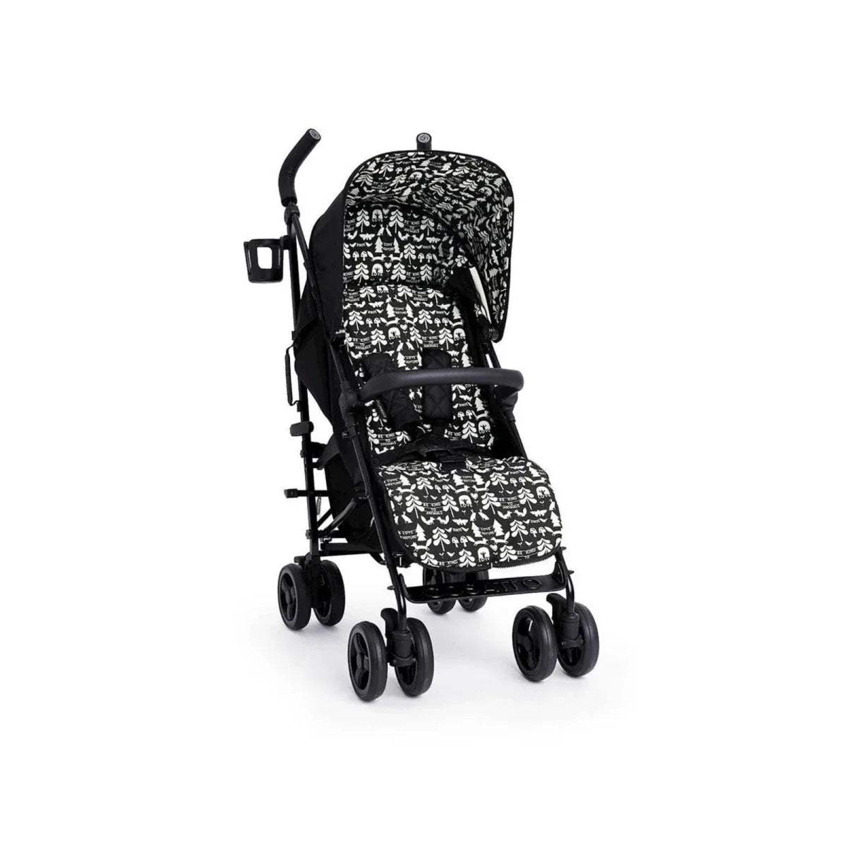 Black stroller with patterned seat cover and patterned canopy, side view