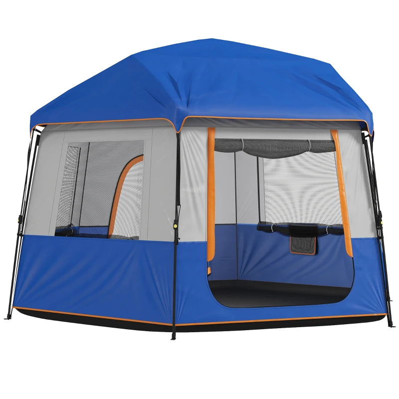 Blue cabin camping tent with front windows and orange trim, mesh panels visible