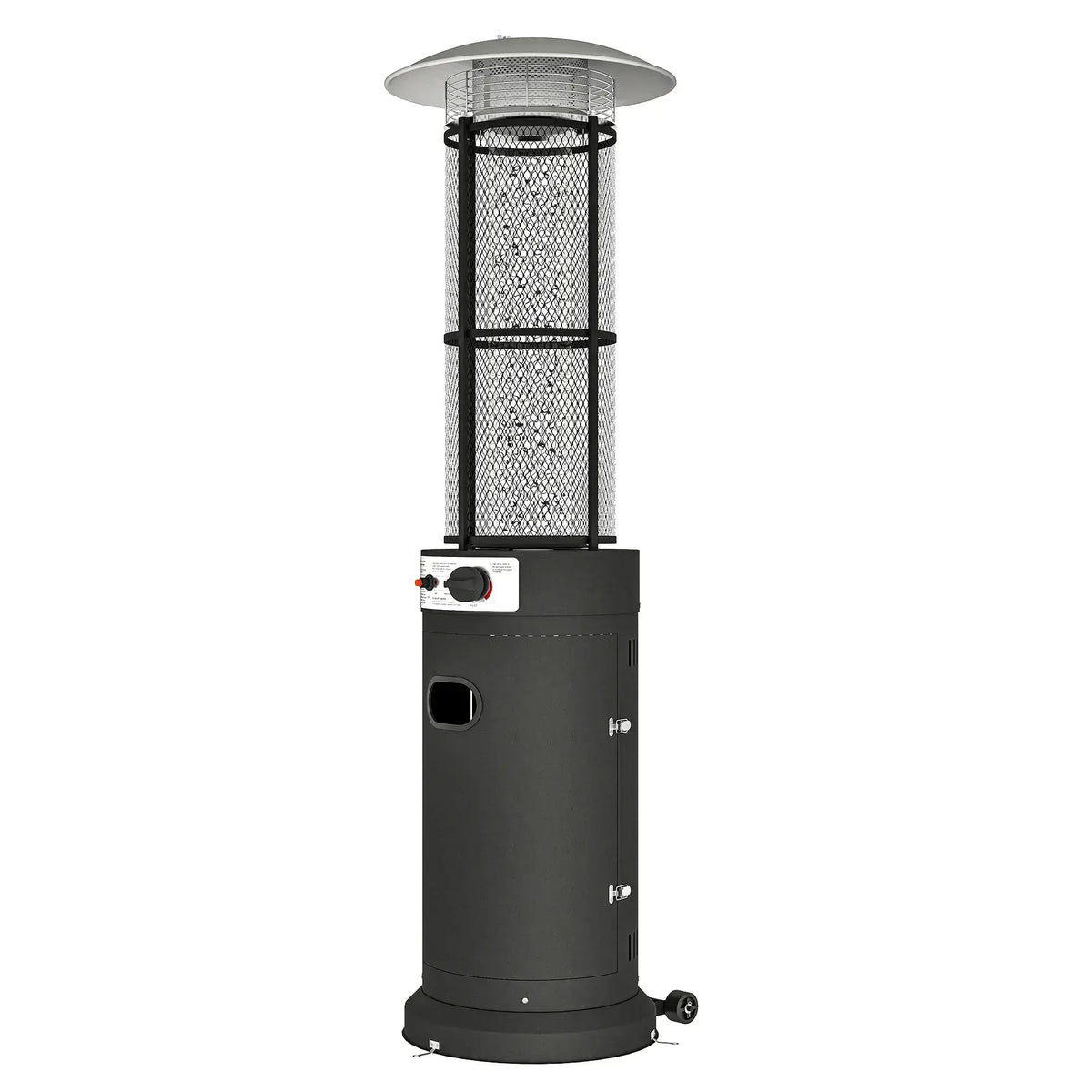 Freestanding black gas patio heater with mesh guard, control panel, and wheels