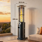 Black tall freestanding gas patio heater cylinder with open burner and control panel