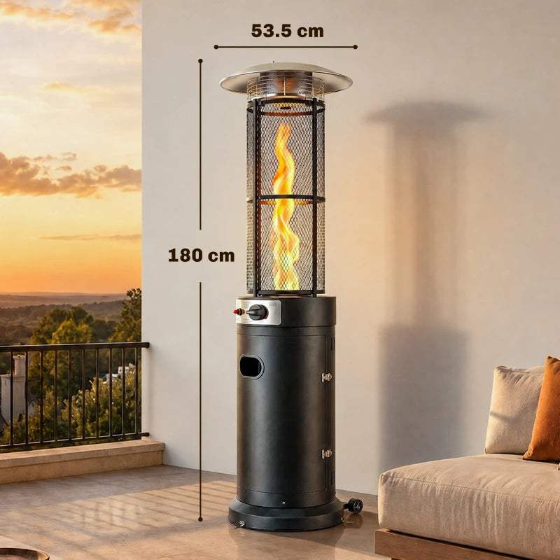 Black tall freestanding gas patio heater cylinder with open burner and control panel