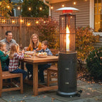 Black freestanding gas patio heater with mesh flame guard and glowing burner flame