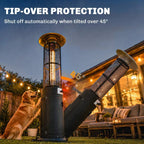 Black freestanding gas patio heater with mesh heater tube and tip-over safety angle