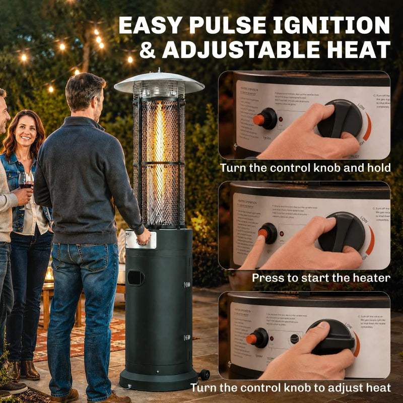 Black freestanding gas patio heater with burner controls and glowing flame