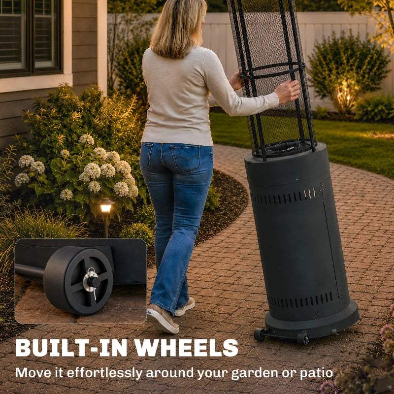 Black freestanding gas patio heater on wheels with control panel and glowing mesh burner