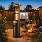 Black freestanding gas patio heater with glowing flame, mesh guard, and round burner base