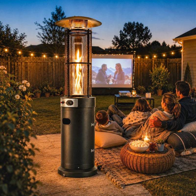 Black freestanding gas patio heater with glowing flame, mesh guard, and round burner base