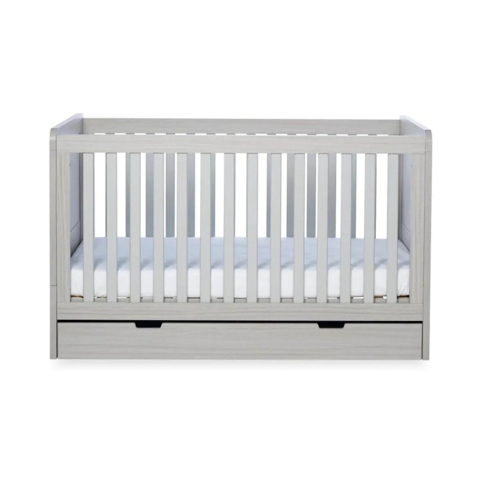 Ash grey cot bed interior with white mattress, vertical railings, and base drawer