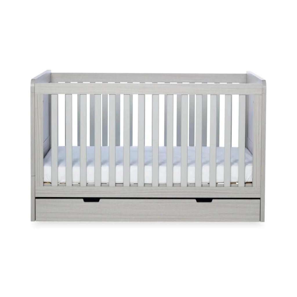 Ash grey cot bed frame showing inner slats and under-drawer storage