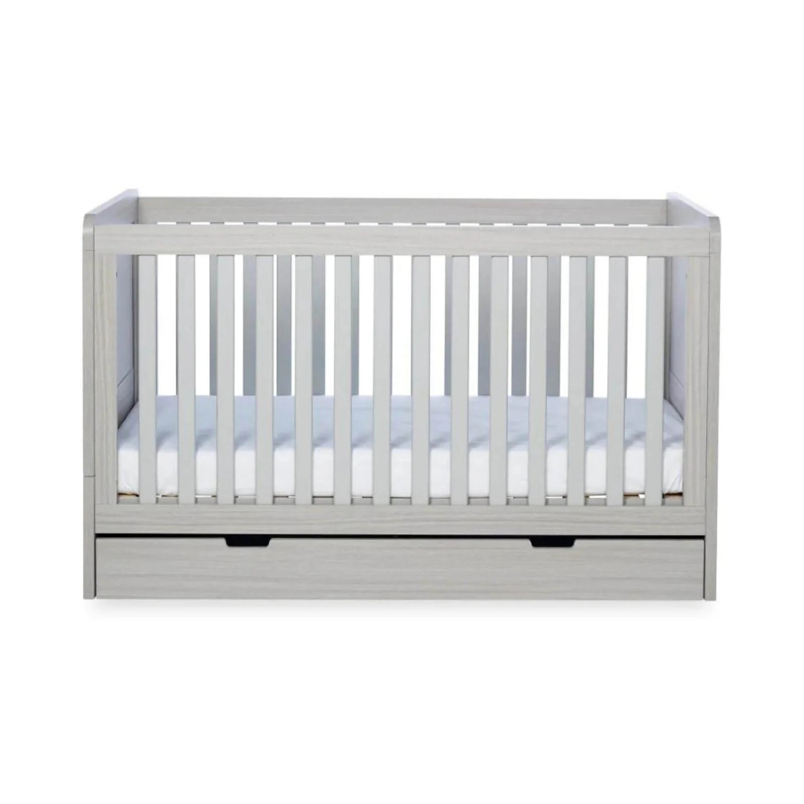 Ash grey cot bed frame showing inner slats and under-drawer storage