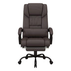 Brown padded massage office chair with tall back, armrests, and caster base