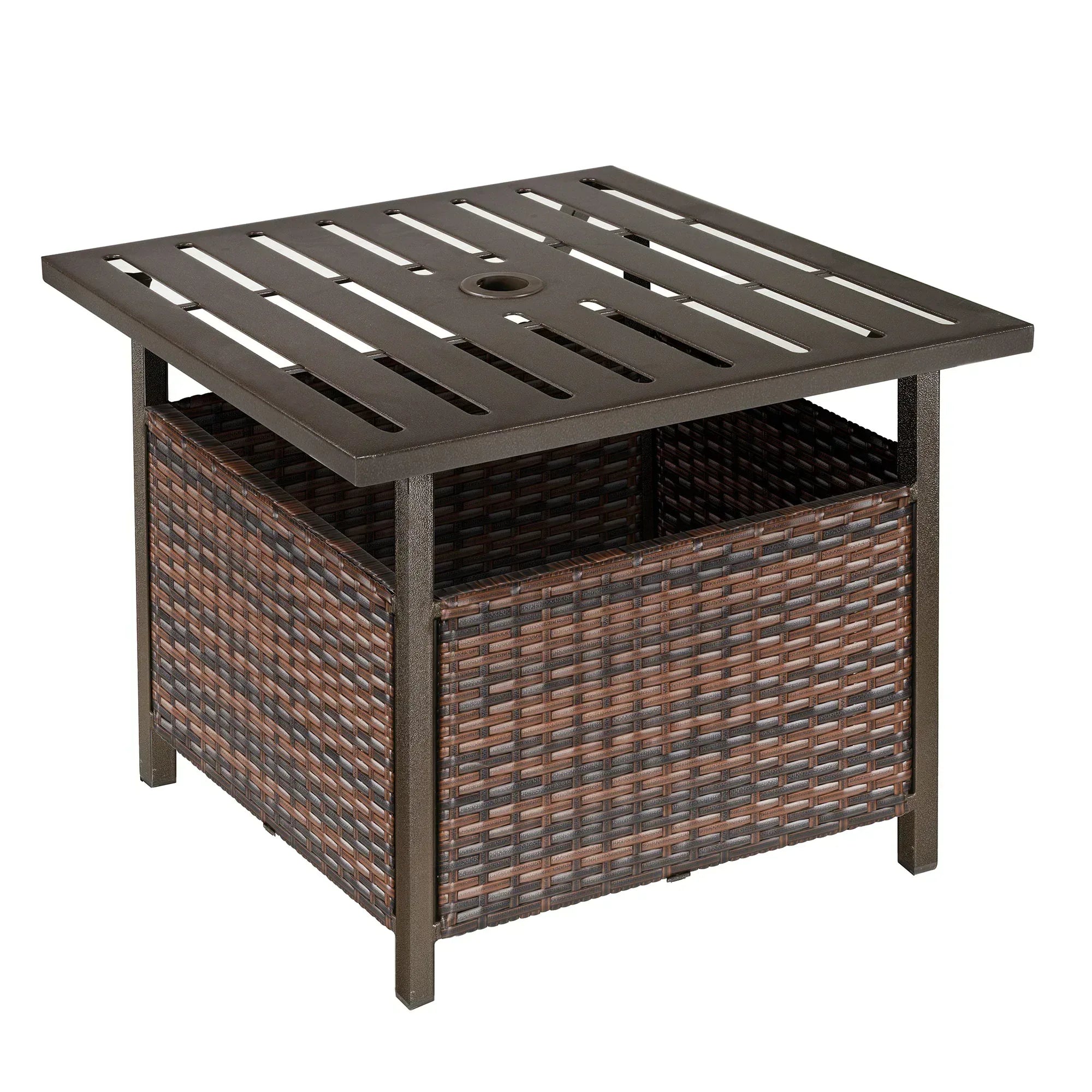 Rattan Garden Coffee Table, 55.5 cm Square Wicker Patio Side Coffee Table with 4 cm Umbrella Hole, Metal Bottom and Slatted Top for Outdoor, Balcony, Brown - Bobobiy