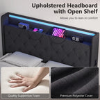 Black upholstered headboard with LED strip, digital display, and premium fabric finish