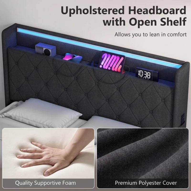 Black upholstered headboard with LED strip, digital display, and premium fabric finish