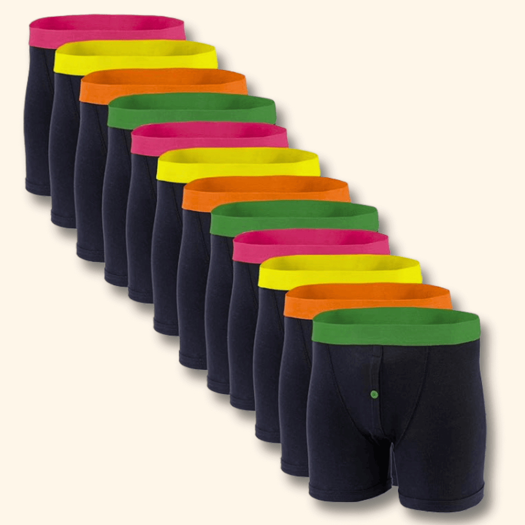 12 Pack Classic Menswear Black Cotton Blend Boxer Shorts Breathable Activewear Comfortable Stretch Colourful Waistband Durable Lightweight Button Fly Underwear MB08