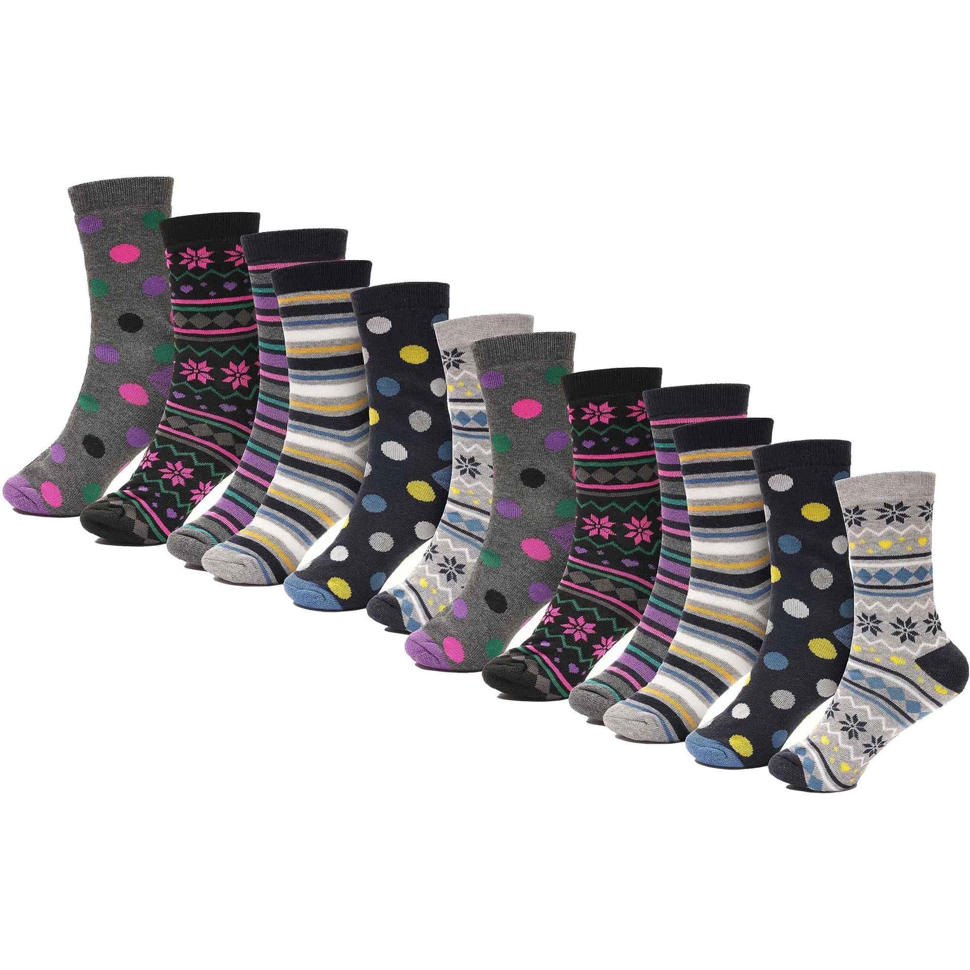 12-pack-womens-thermal-winter-socks-extra-warm-for-cold-weather-high-insulation-with-2-3-tog-rating-perfect-for-work-boots-and-outdoor-activities-by-heatwave-thermalwear-stripes-spots - Bobobiy