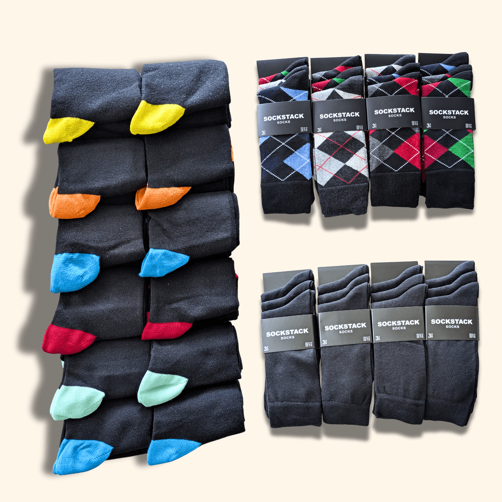 12 Pairs Men's Soft Cotton Colourful Heel Toe Black Argyle Diamond Easycare Comfortable Shoe Socks Flat Toe Seam Durable Work School Business Wear UK 6-11