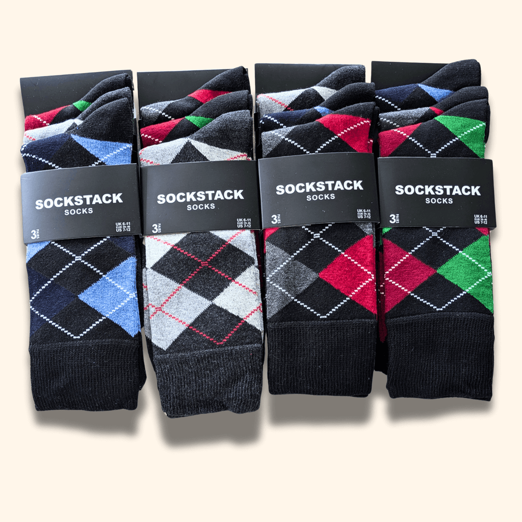 12 Pairs Men's Soft Cotton Colourful Heel Toe Black Argyle Diamond Easycare Comfortable Shoe Socks Flat Toe Seam Durable Work School Business Wear UK 6-11