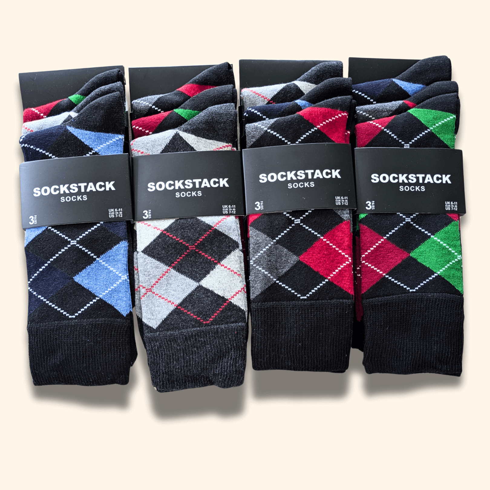 12 Pairs Men's Soft Cotton Colourful Heel Toe Black Argyle Diamond Easycare Comfortable Shoe Socks Flat Toe Seam Durable Work School Business Wear UK 6-11