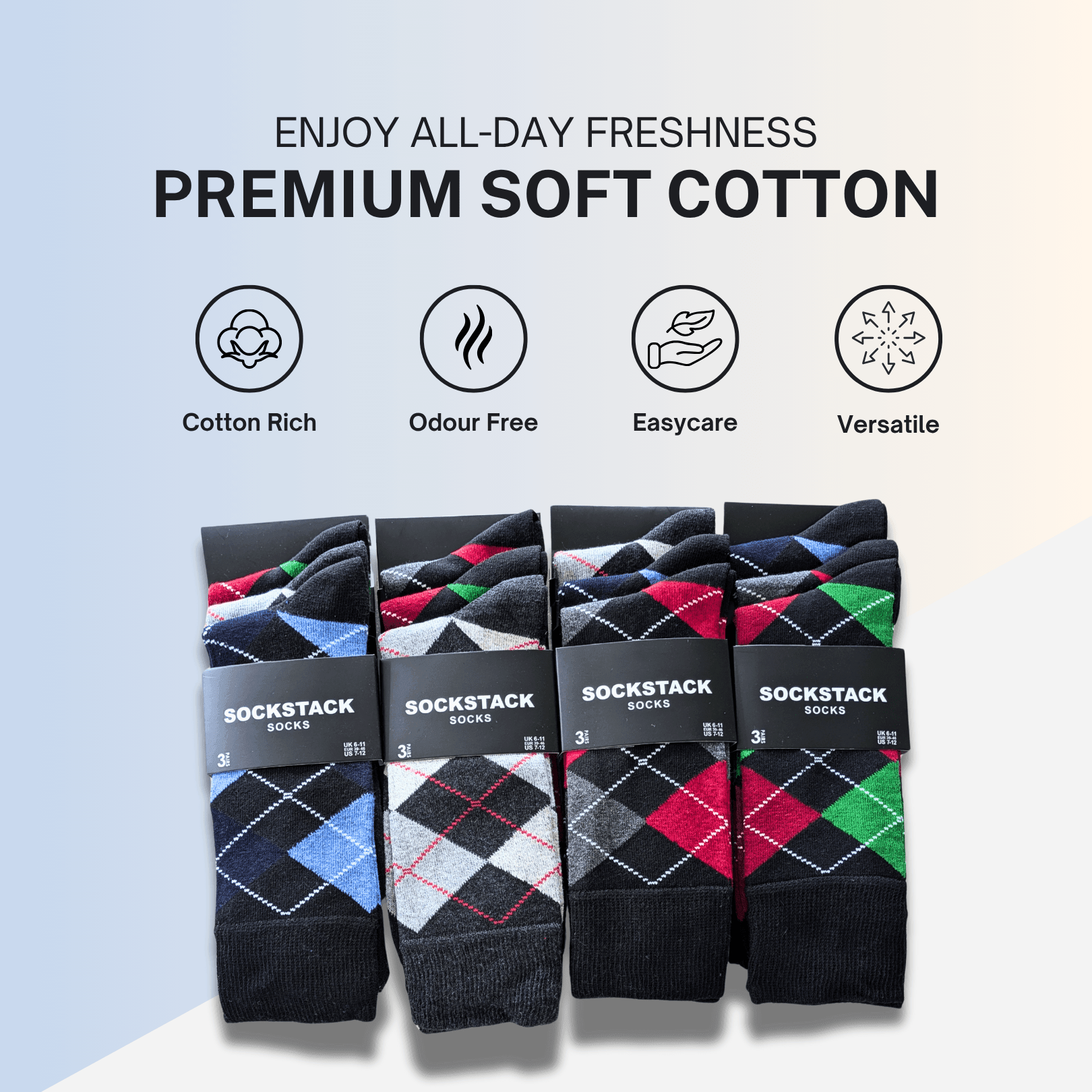 12 Pairs Men's Soft Cotton Colourful Heel Toe Black Argyle Diamond Easycare Comfortable Shoe Socks Flat Toe Seam Durable Work School Business Wear UK 6-11