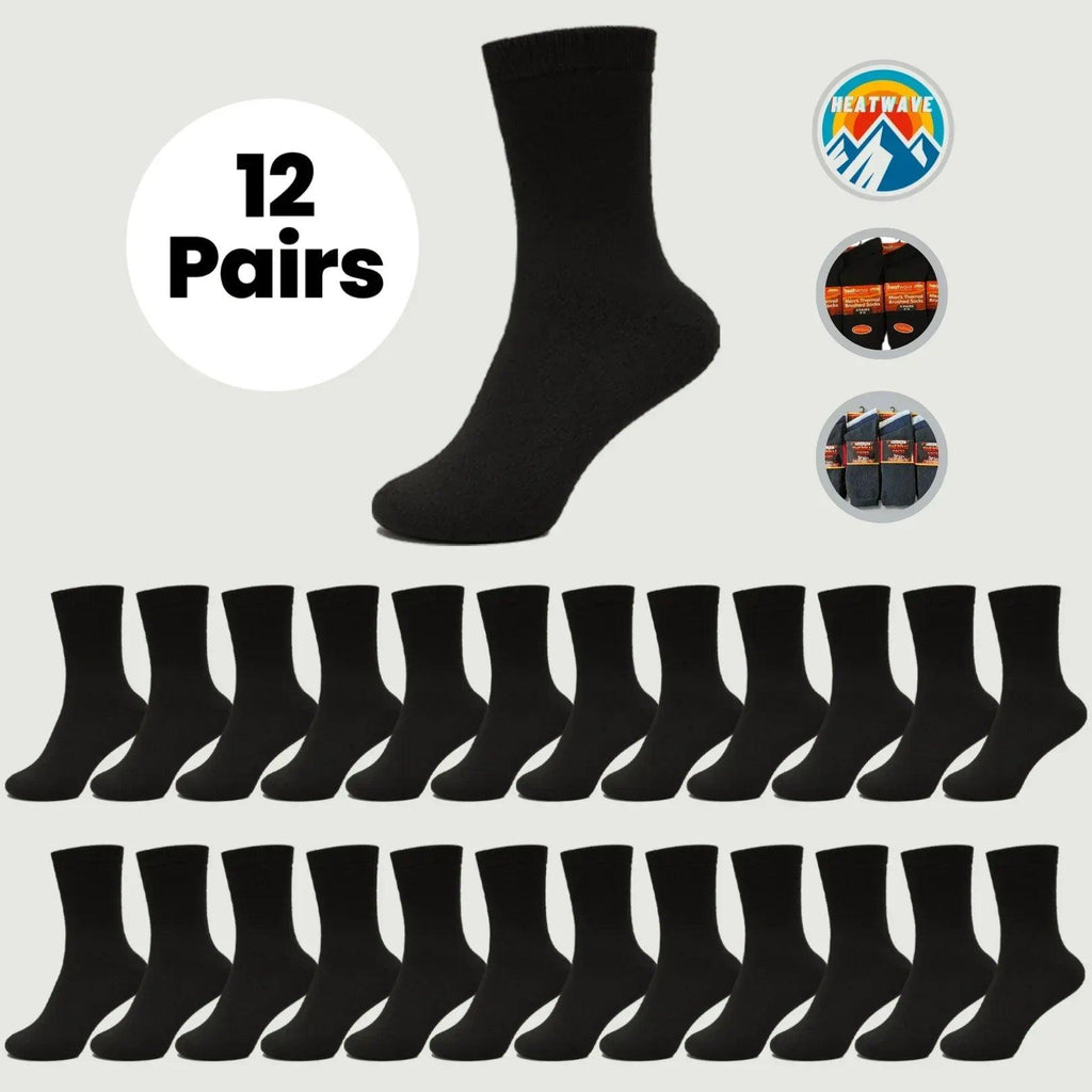 12 Pairs Mens Black Thermal Socks Warm Work Boot Socks Superior Insulation Cold Weather Double Brushed Advanced Knitting Technology Extra Warmth