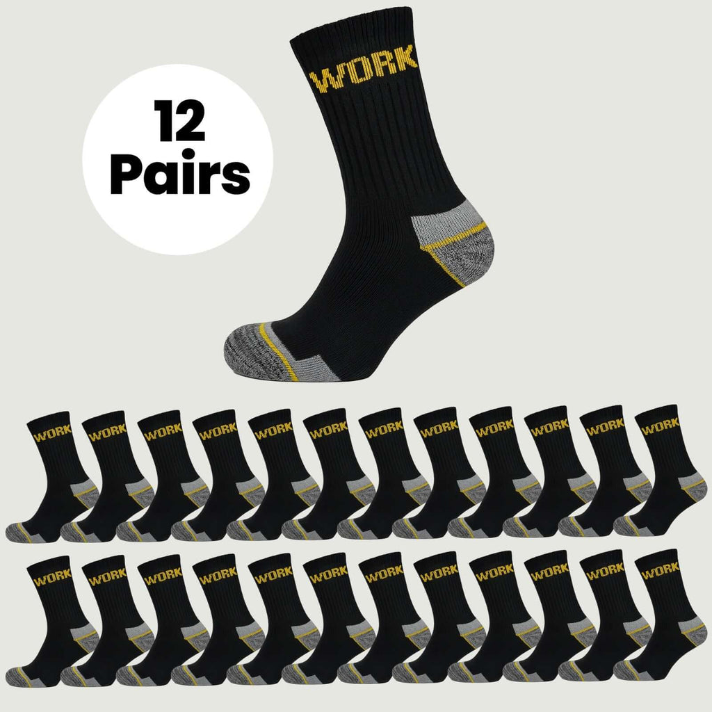 12 Pairs Mens Heavy Duty Work Socks Cushion Sole Reinforced Toe Heel Durable Black Boot Sock for Construction Outdoor Jobs Walking Sizes UK 6-11 EUR 39-45
