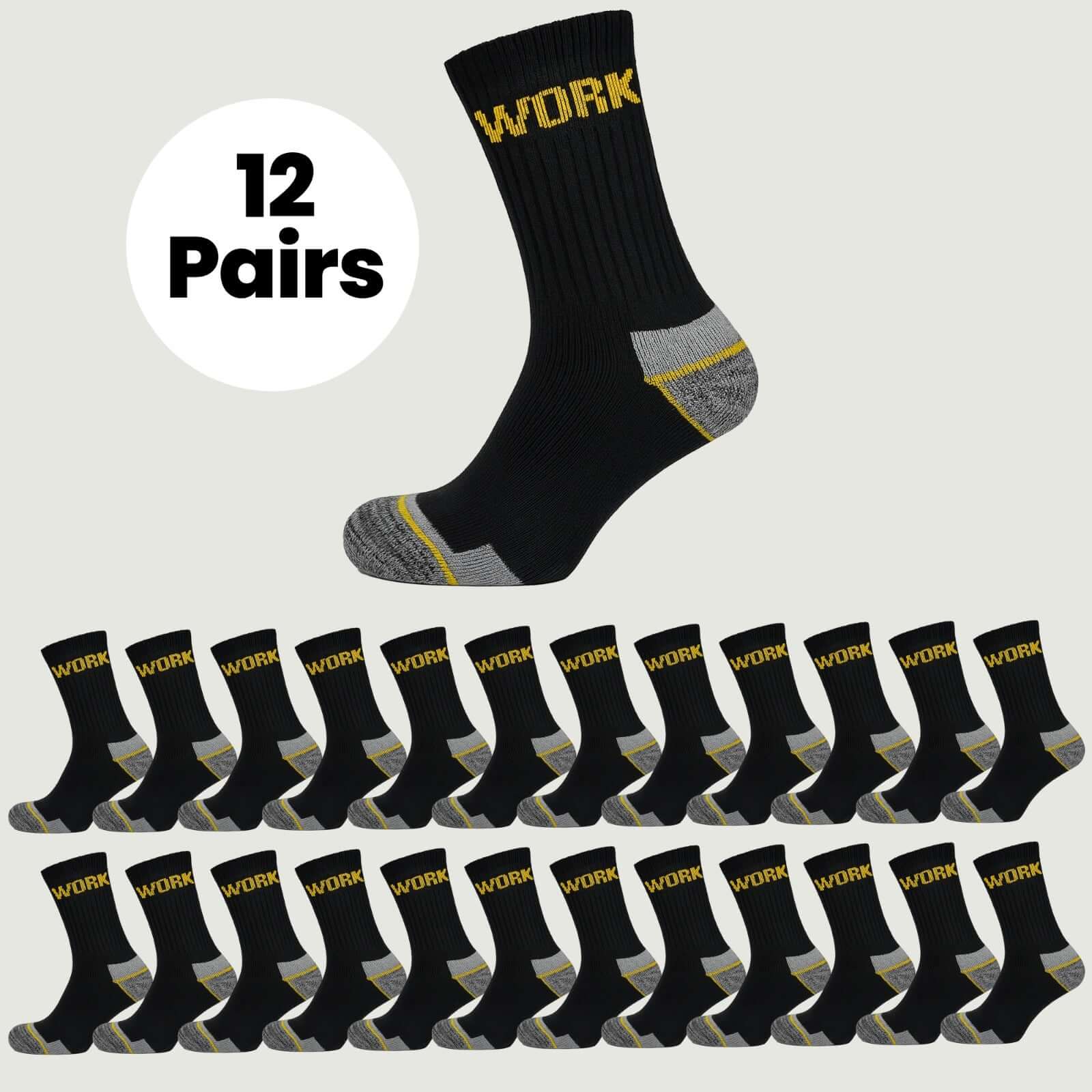 12 Pairs Mens Heavy Duty Work Socks Cushion Sole Reinforced Toe Heel Durable Black Boot Sock for Construction Outdoor Jobs Walking Sizes UK 6-11 EUR 39-45