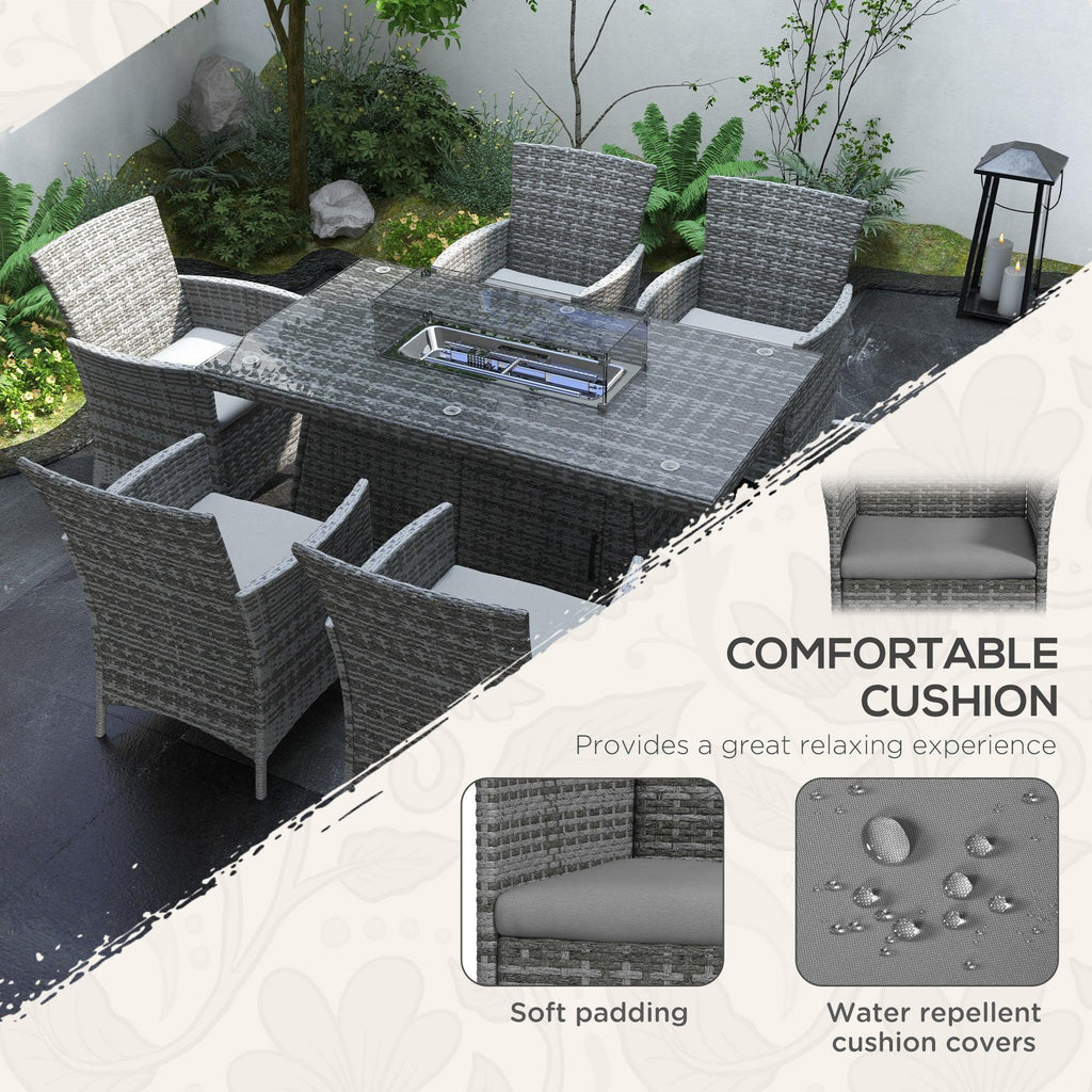 7 Pieces Outdoor Rattan Garden Furniture with Fire Pit Table, 6 Seater Garden Table and Chairs with Cushions, Rattan Dining Set with Propane Heater Table, Windscreen, 50,000 BTU, Grey - Bobobiy