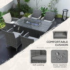 Grey rattan dining set with cushioned seats and fire pit table in garden seating arrangement